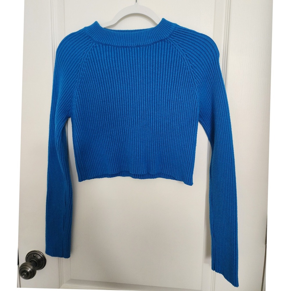 Deluc Blue Ribbed Knit Crop Sweater Long Sleeve Crew Neck 9107D Size M